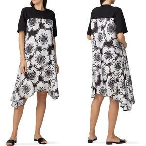 CLU Dress Womens Medium Black Floral Contrast Asymmetric Hem Short Sleeve USA